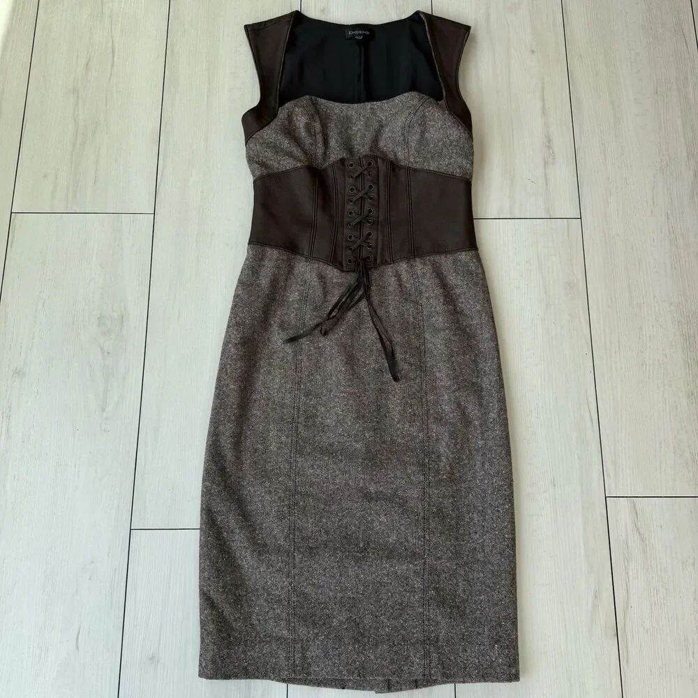 Vintage Y2K Bebe Corset Waist Bodycon Midi Dress Real Leather Straps Size 4 - Picture 3 of 16